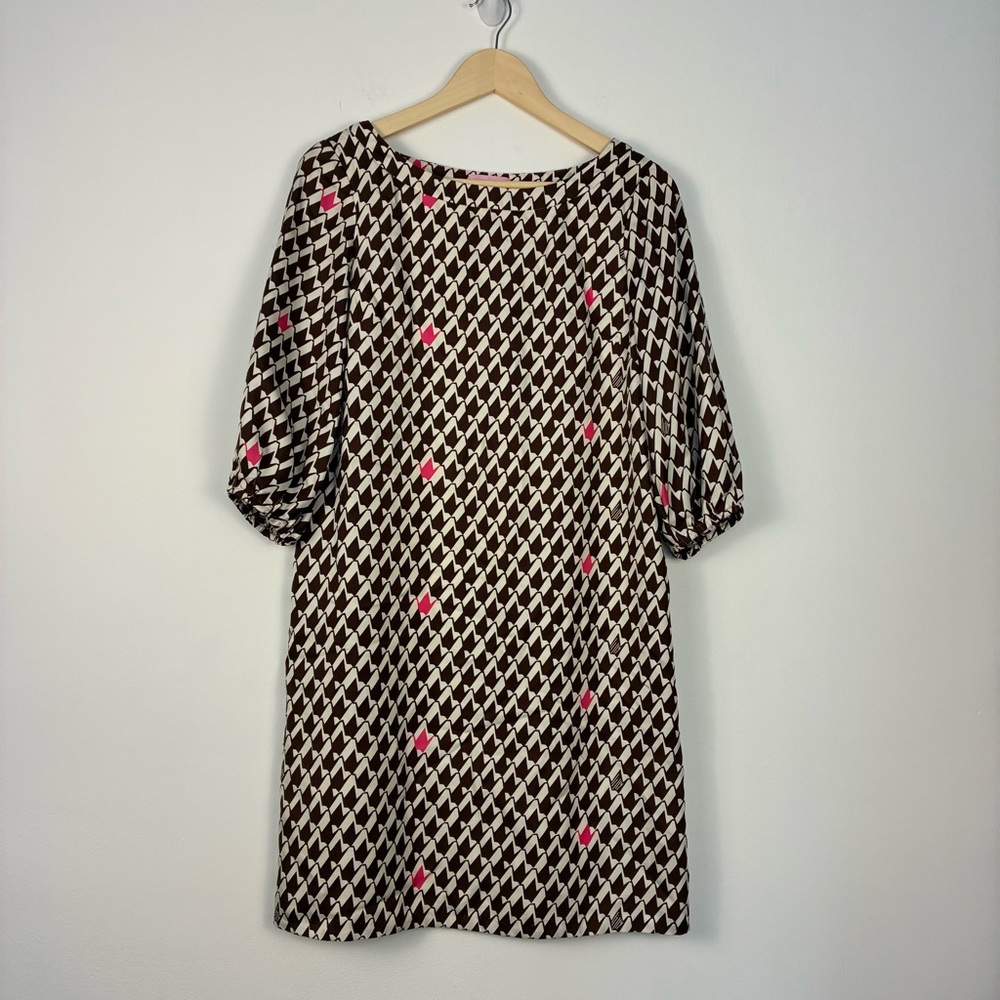 Lilly Pulitzer brown houndstooth A line silk size 2 dress pink preppy